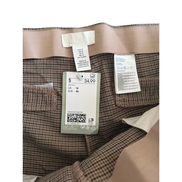 H&M Brown Houndstooth Plaid Wide Leg Pull On Dress Pants Size US 14 NEW NWT - Picture 2 of 10